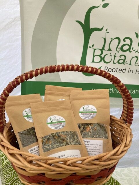 herbal tea blends in bags in a basket