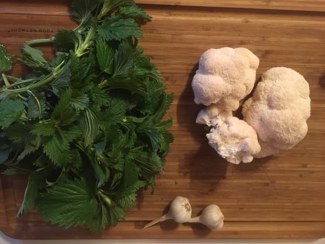 Chopped fresh Nettle tips and Lion's Mane mushrooms