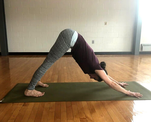 tina doing downward dog yoga pose